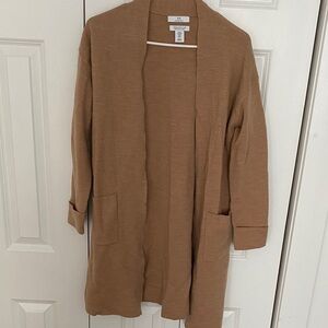 Wool Long Open-Front Cardigan in Camel Brown